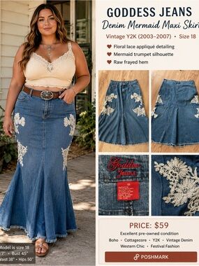 Goddess Denim Mermaid Maxi Skirt - Blue with Cream Lace